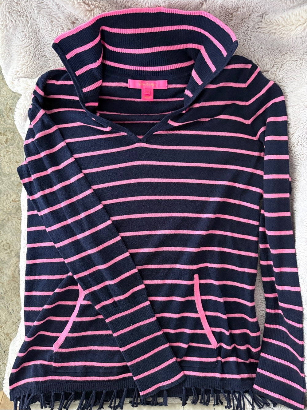 Lilly Pulitzer Navy and Pink Striped Fringe Pullover